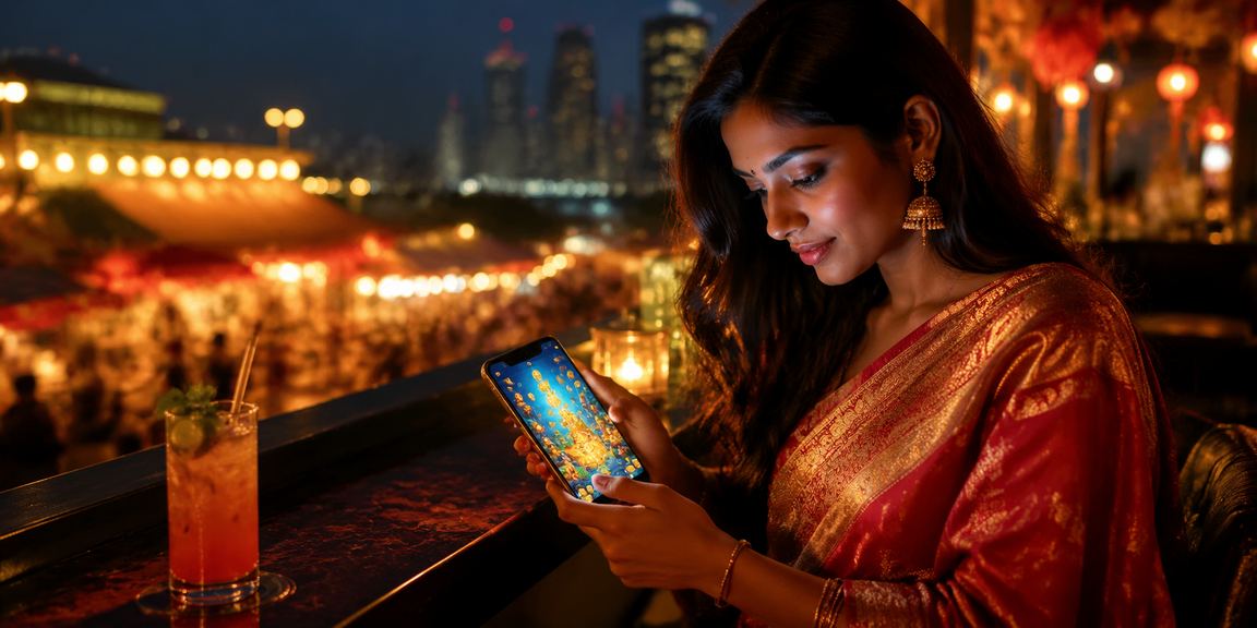 Indian woman playing fishing game on mobile device